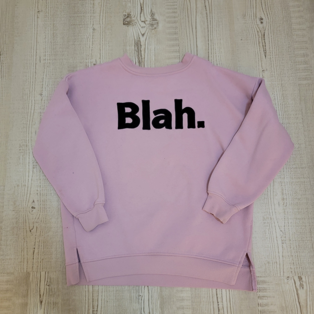 Iris Light Pink Crewneck Sweater with Black Text "Blah" Small Casual Minimalist
